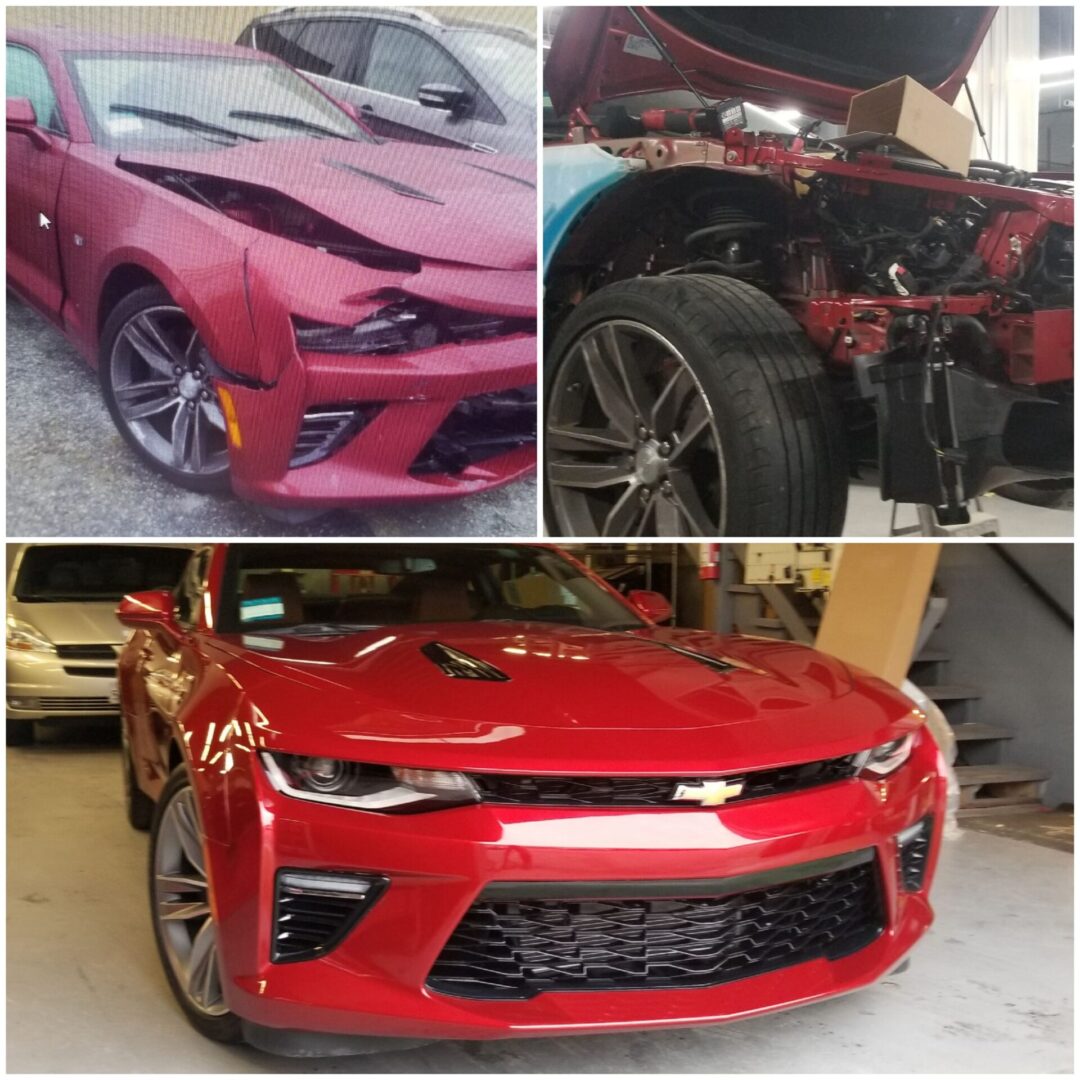 A red car with some damage and two other cars